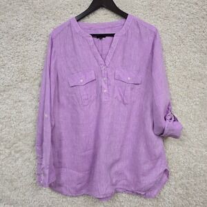 Talbots Linen Popover Blouse Women 1X Purple Roll Tab Sleeve Casual Costal
